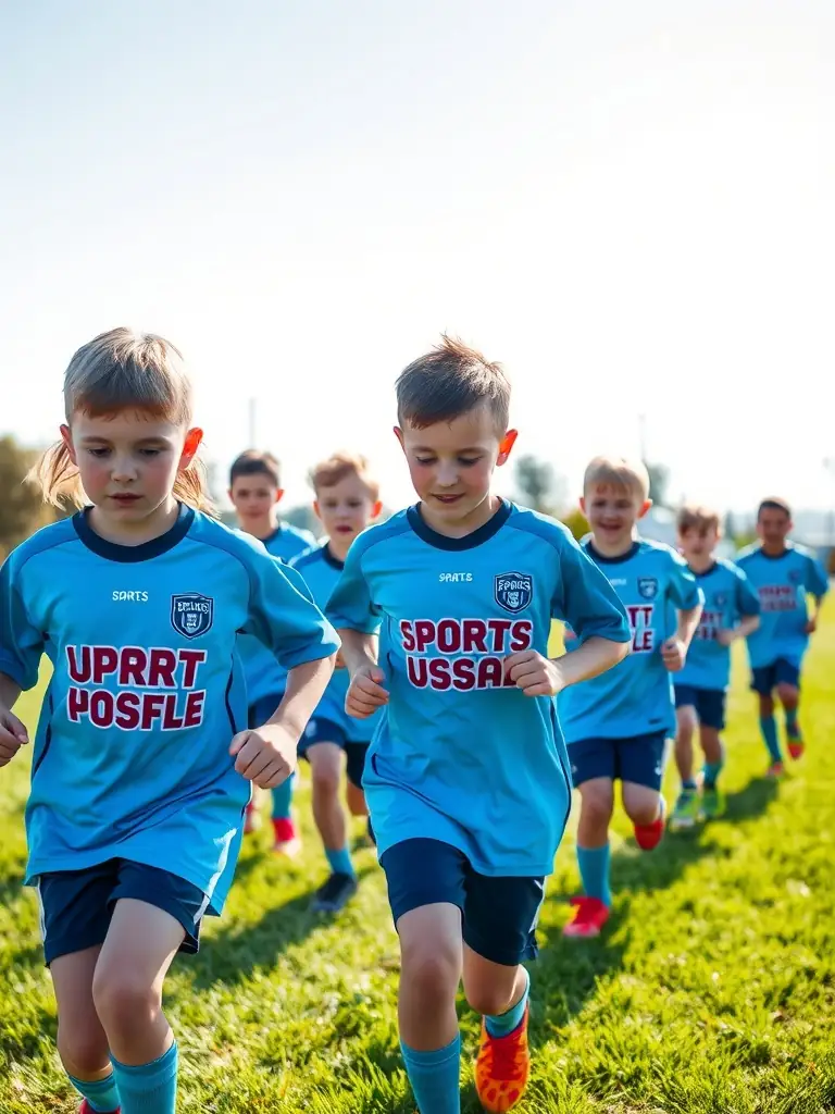A group of children playing soccer on a sunny field, wearing SPORTS USSAC DECOUVERTE jerseys, showcasing teamwork and sportsmanship.
