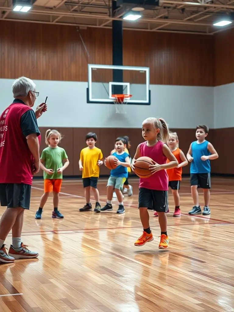 Children participating in a basketball training session indoors, guided by a coach, emphasizing skill development and coordination.