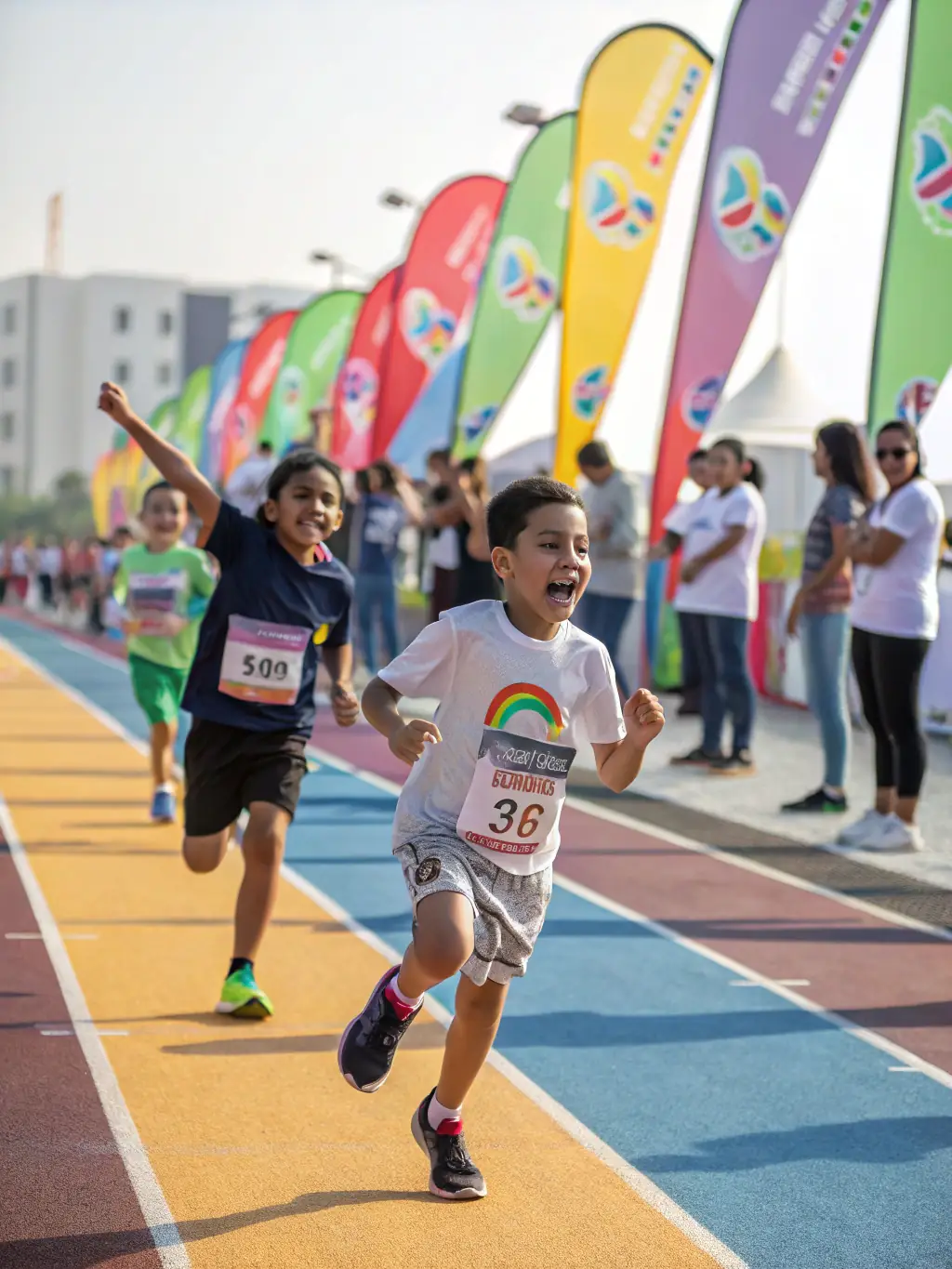 A diverse group of children participating in an athletics event, promoting social inclusion and celebrating diversity within the SPORTS USSAC DECOUVERTE community.