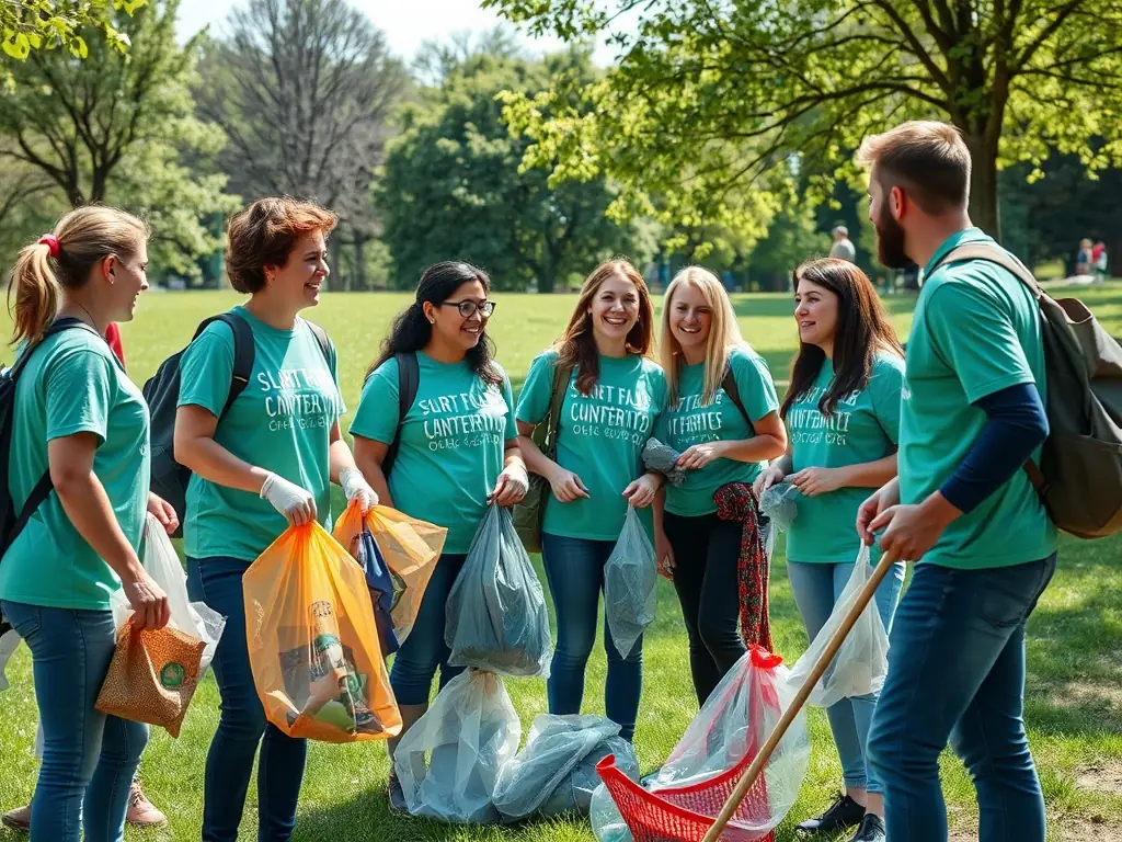 A group of children and adult volunteers working together on a community sports project, such as cleaning up a local park or organizing a sports event. The image highlights the spirit of community involvement and support.