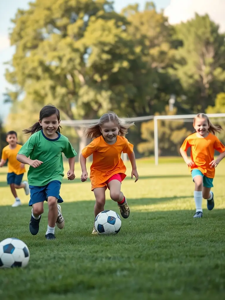 A diverse group of children participating in a community sports event, with families cheering them on, highlighting social inclusion and community spirit.