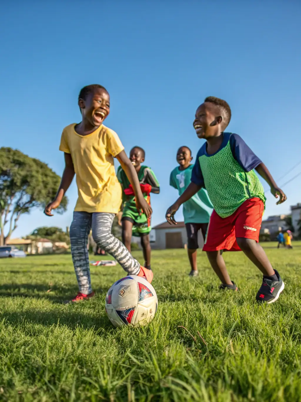 A group of children laughing and high-fiving each other after a soccer game, showcasing teamwork and camaraderie fostered by SPORTS USSAC DECOUVERTE.