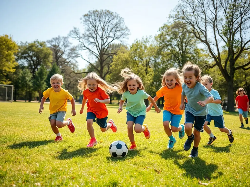 A vibrant image of children playing soccer on a sunny field, smiling and actively participating in a SPORTS USSAC DECOUVERTE Youth Sports Program.