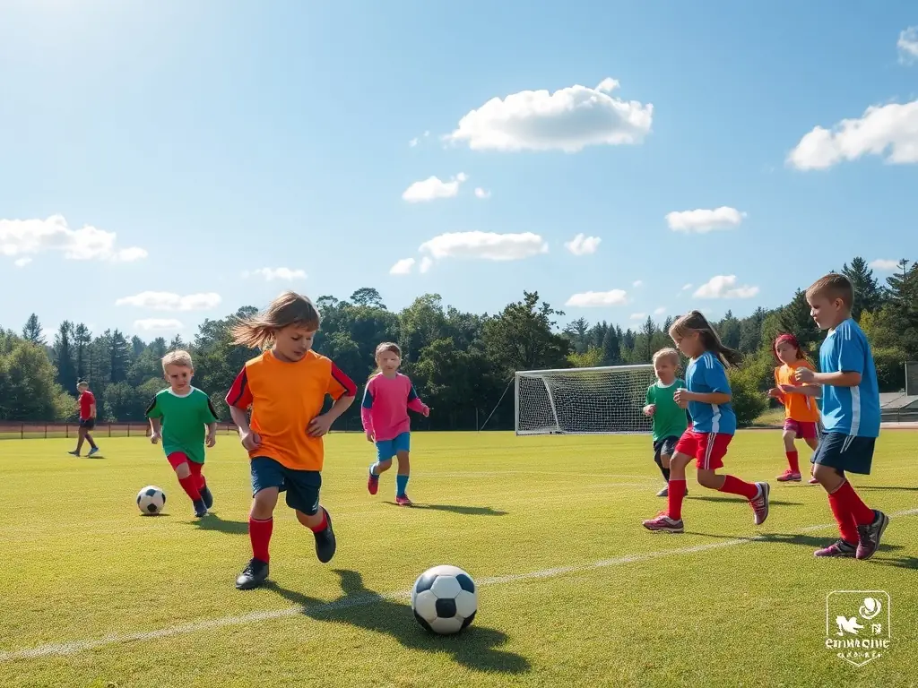 A diverse group of children participating in a soccer game, showcasing teamwork and inclusivity in a sunny, outdoor setting. The focus is on the joy and camaraderie of the sport.