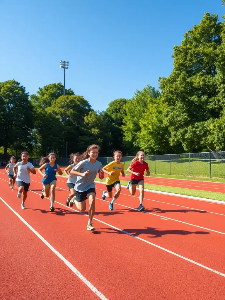 Kids running track and field during a SPORTS USSAC DECOUVERTE event, promoting physical fitness and healthy competition.