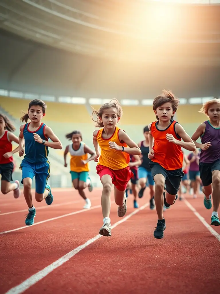 Kids running track and field, showcasing athletics and fitness, with the SPORTS USSAC DECOUVERTE logo visible in the background.