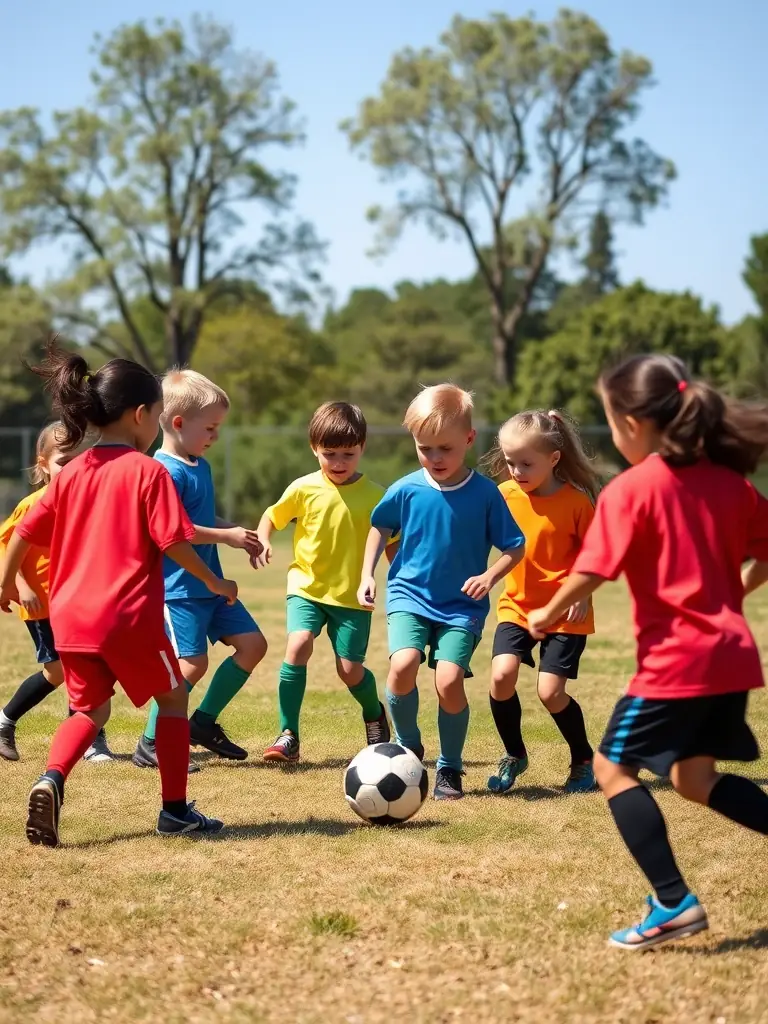 A group of children playing soccer on a sunny field, wearing SPORTS USSAC DECOUVERTE jerseys, showcasing teamwork and sportsmanship.