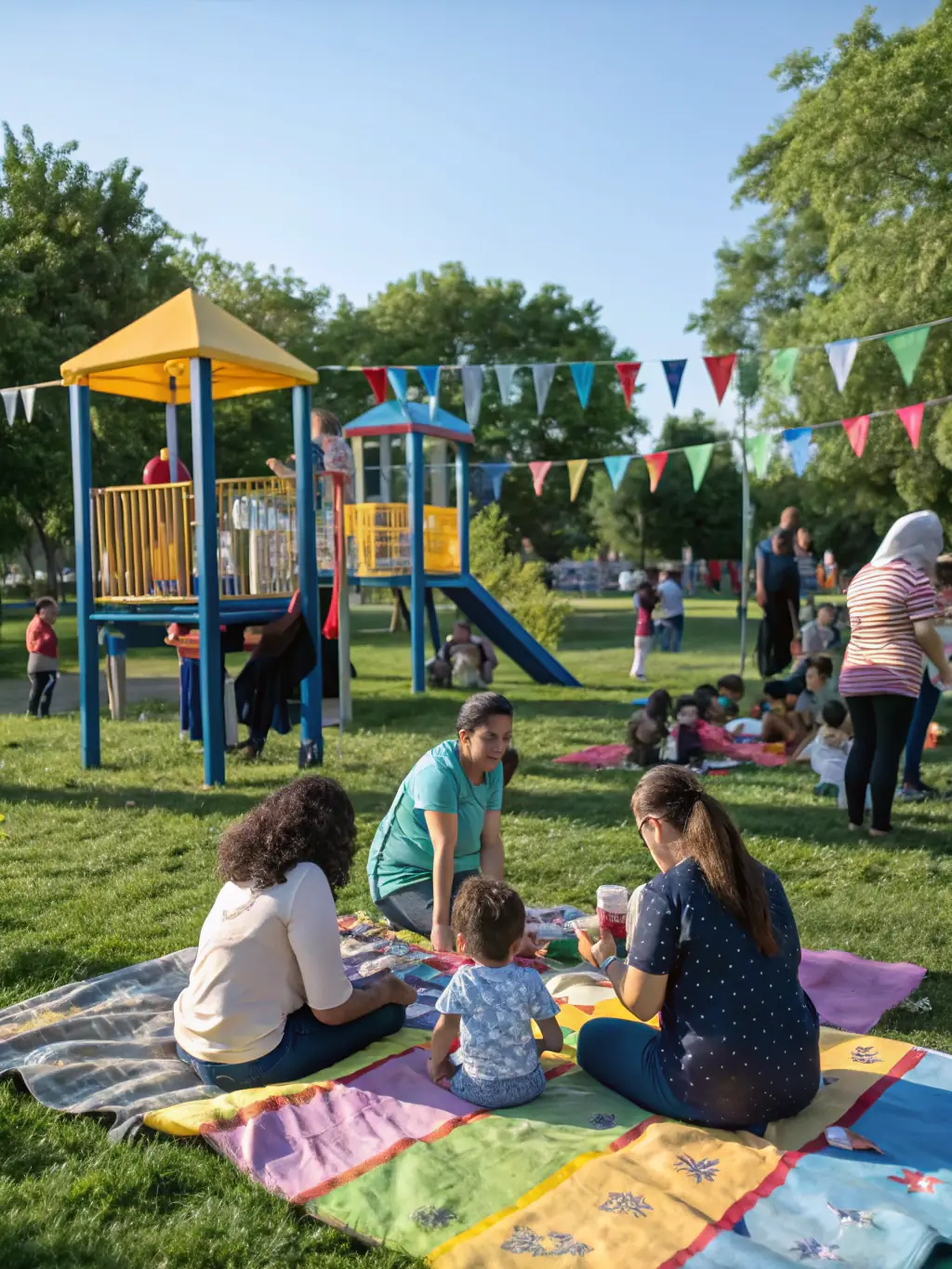 A community event organized by SPORTS USSAC DECOUVERTE, with families and children actively participating in various sports and activities, strengthening community bonds.