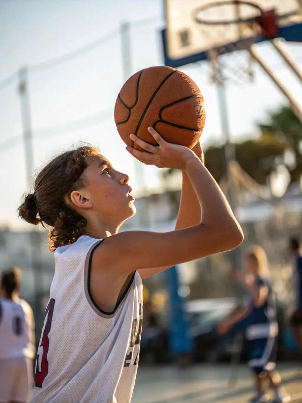A young girl successfully throwing a basketball into a hoop, demonstrating improved motor skills and personal achievement through SPORTS USSAC DECOUVERTE's basketball program.