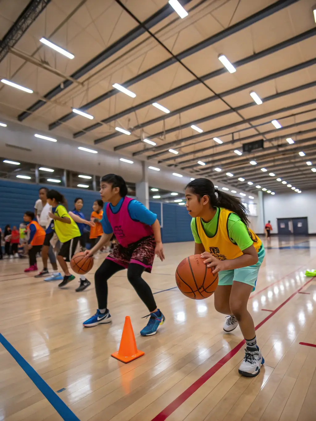 Children participating in a basketball clinic indoors, guided by a coach, emphasizing skill-building and physical fitness.
