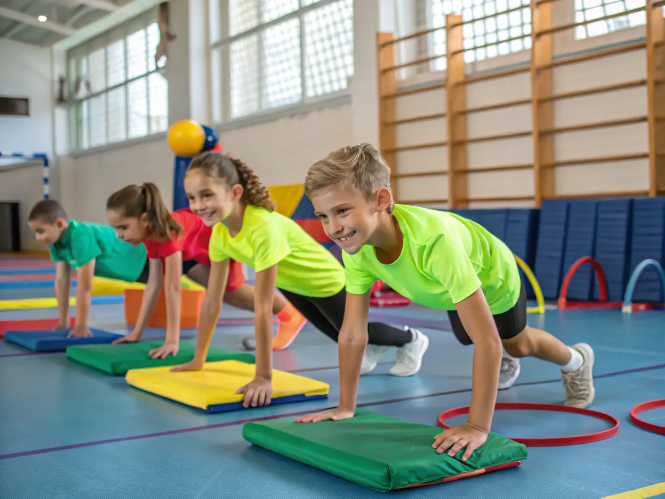 Children engaged in various physical activities, such as running, jumping, and stretching, under the guidance of a coach. The scene emphasizes the importance of physical fitness and healthy habits.